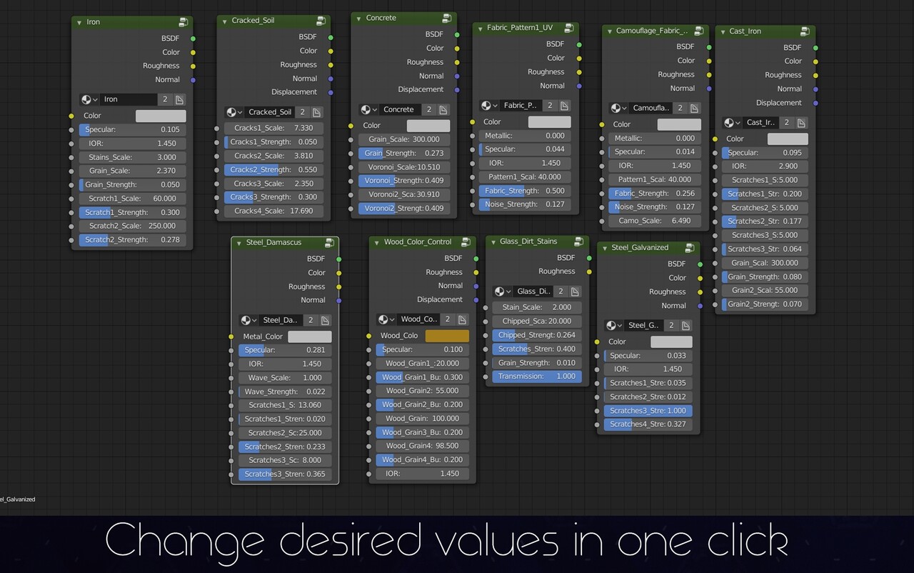 Demonstration of different procedural material node groups in Blender