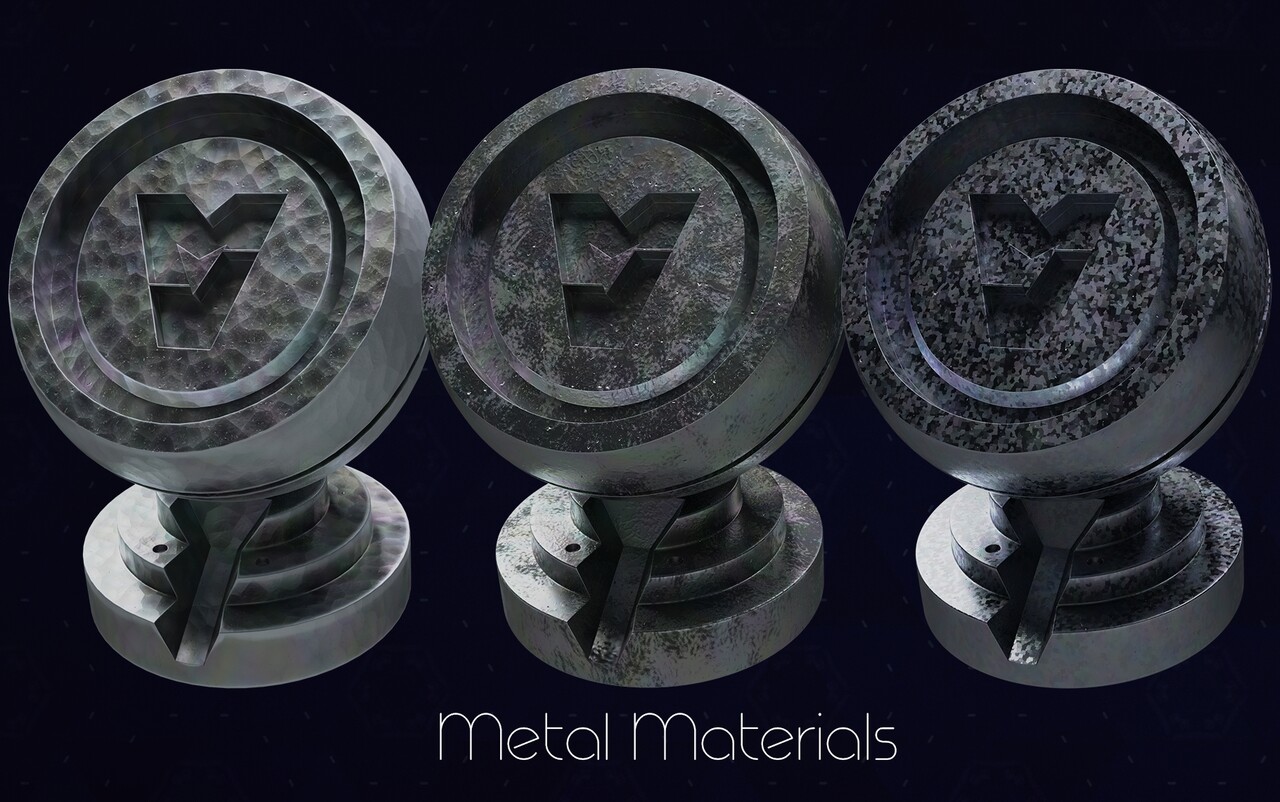 Render of procedural metal materials in Blender
