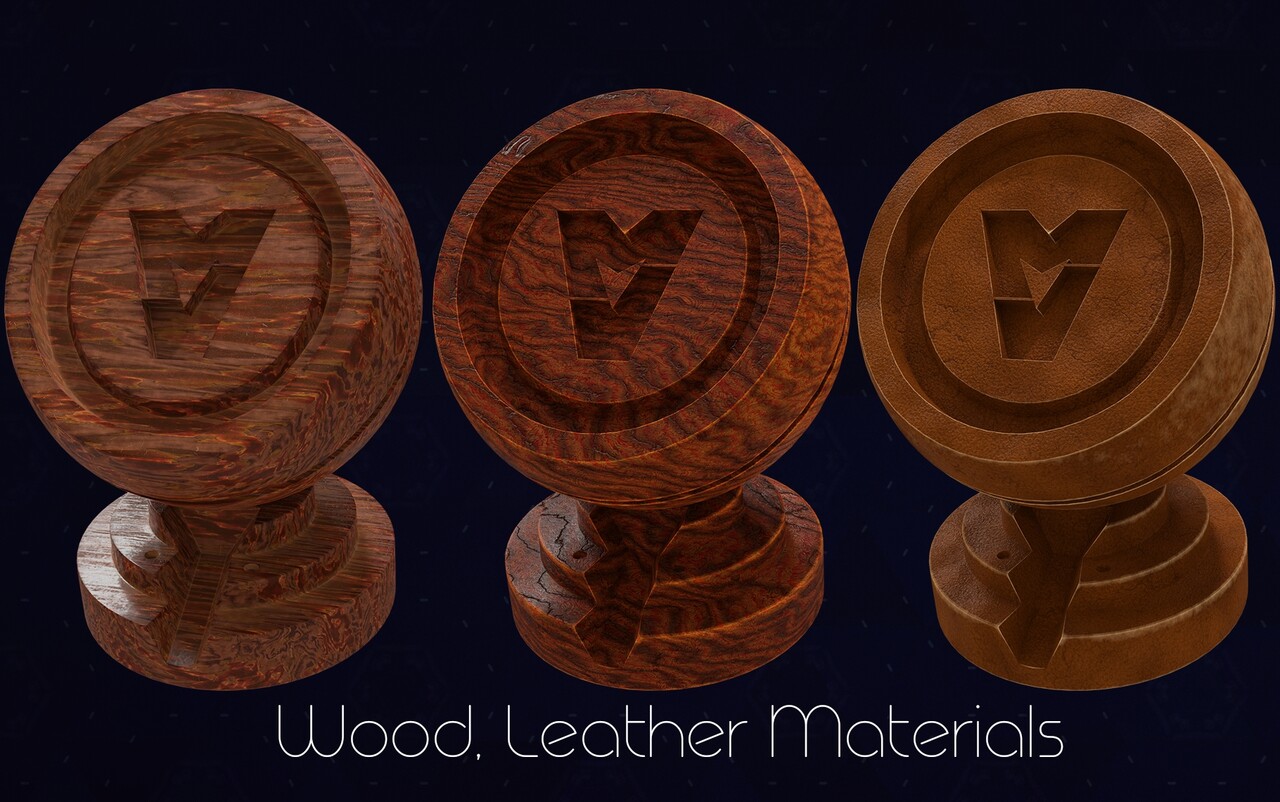 Render of procedural wood and leather materials in Blender