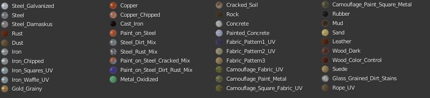 Full list of materials included in the procedural pack for Blender