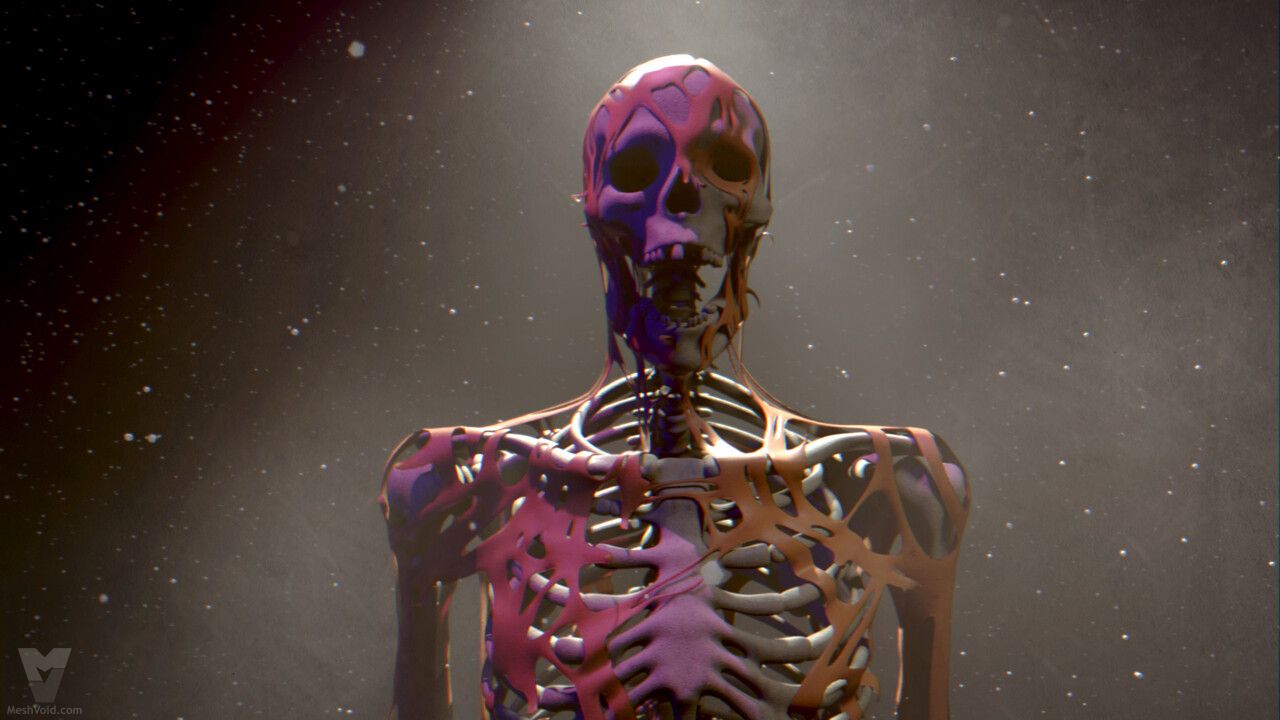 3D model preview of torn flesh on a human skeleton - angle 1