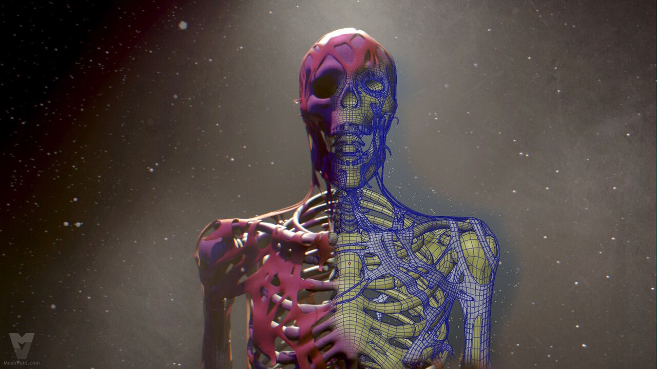 3D model preview of torn flesh on a human skeleton - angle 2
