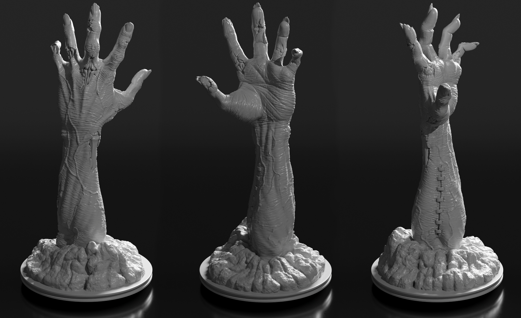 Render of the 3D printable Zombie hand bursting from the ground sculpture