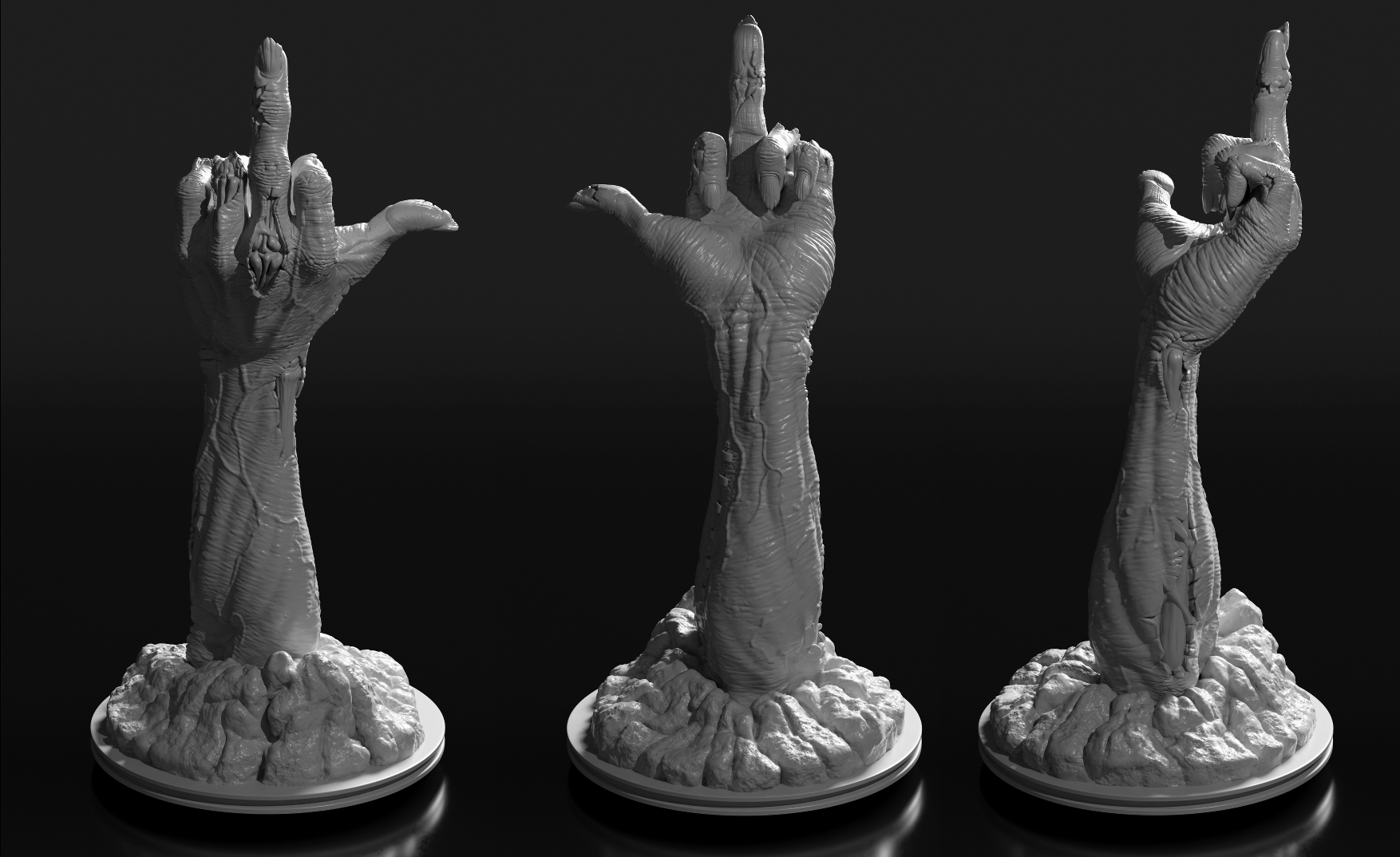 Render of the 3D printable Zombie hand giving the middle finger